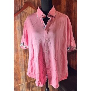 Autocratic Vogue Italy Pink Short Sleeve Button‎ Up Shirt Floral Trim XL